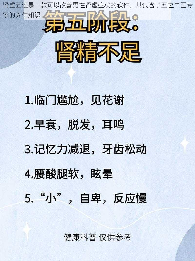 肾虚五连是一款可以改善男性肾虚症状的软件，其包含了五位中医专家的养生知识