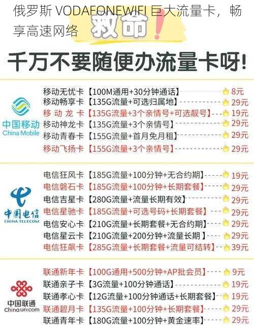 俄罗斯 VODAFONEWIFI 巨大流量卡，畅享高速网络