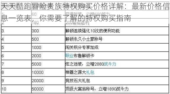 天天酷跑冒险贵族特权购买价格详解：最新价格信息一览表，你需要了解的特权购买指南