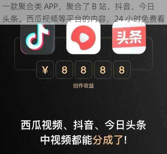 一款聚合类 APP，聚合了 B 站、抖音、今日头条、西瓜视频等平台的内容，24 小时免费看